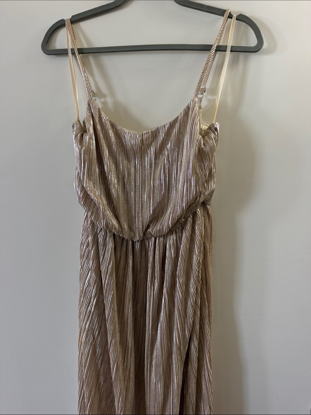 BCBGeneration Metallic Pleated Slip Dress in Taupe